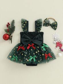 Newborn Baby Girl Christmas Outfit, 1st Christmas Dress Sleeveless Stars Bows Tulle Patchwork Romper Dress With Hairband - 綠色 - 查看 5