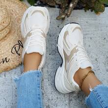 New Women Casual Sneakers Chunky Sneakers White Lace-Up Round Toe Mixed Material Breathable Versatile College Style Student Outdoor Hiking Casual Shoe - 米色 - 查看 3
