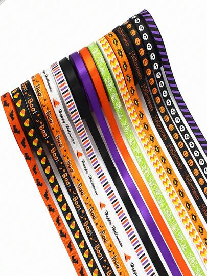 1pc 5 Yards/Roll 10mm Halloween Ribbon, Halloween Party Decoration Supplies, Bow Headband Material, English Letter & Solid Color Woven Tape