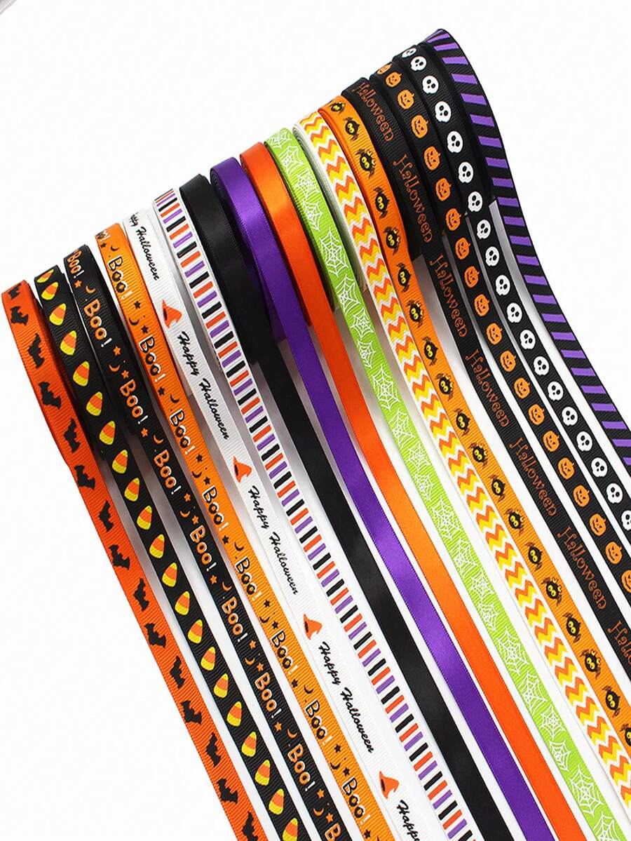 1pc 5 Yards/Roll 10mm Halloween Ribbon, Halloween Party Decoration Supplies, Bow Headband Material, English Letter & Solid Color Woven Tape - Multicolor - View 1