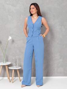 Women's Vest And Tailored Trousers Set - 藍色 - 查看 1