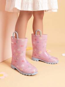Kids' Waterproof Rain Boots Lightweight Pull-On Toddler Boots With Handles For Girls & Boys Cute Playtime Outdoor Shoes Pink - 粉色 - 查看 3