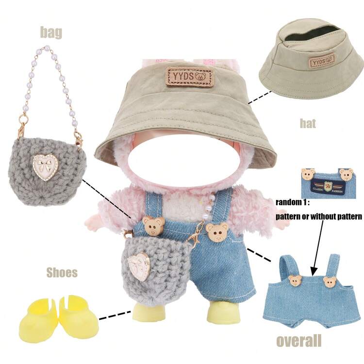 渔夫帽和背带裤套装，适用于，搭配针织珍珠手袋和鞋子，时尚配饰及周边产品（不含毛绒公仔，仅含衣服及配饰） - 彩色 - 查看 4