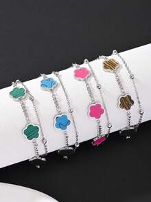 1pc Stainless Steel Men's Fashionable Five Leaf Clover Double-Layer Chain Bracelet For Daily Decoration - Bracelet - View 4