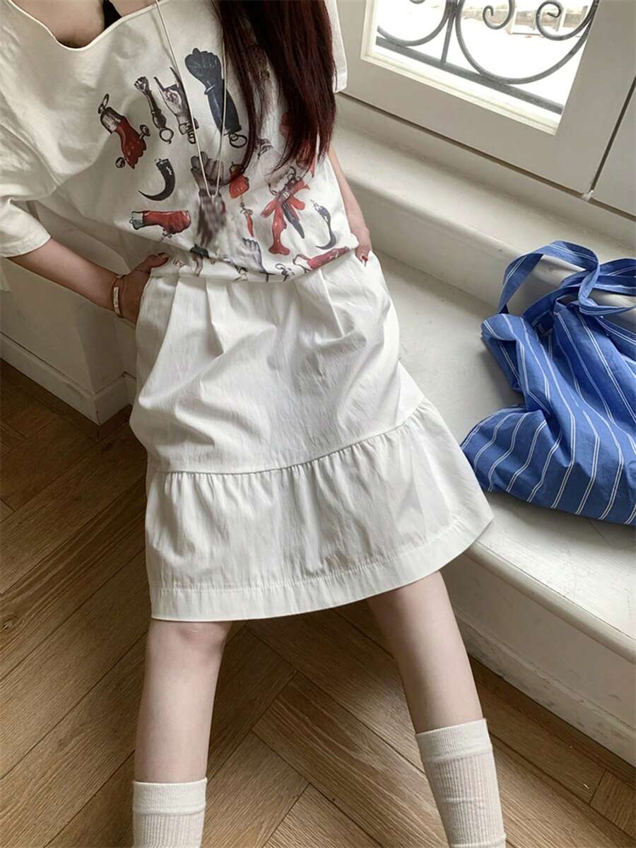 日式休闲A字半身裙，带口袋，青春气息，白色，春季款 - 白色 - 查看 1
