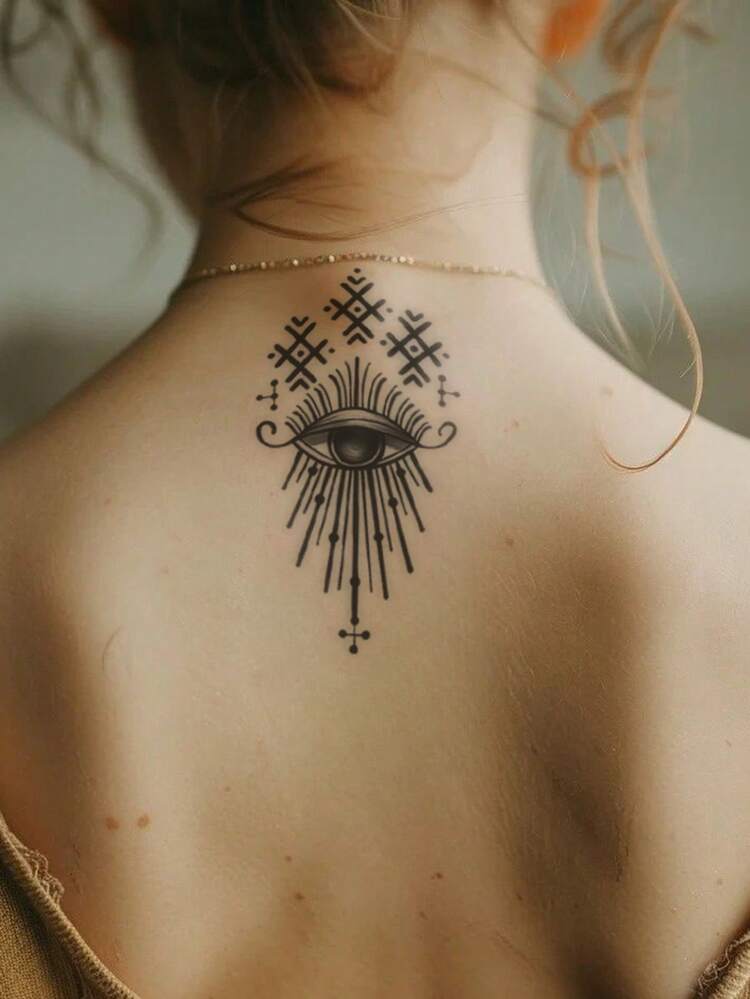 2张黑色抽象图腾图案暗黑动漫风格临时纹身贴纸，男女通用，适合日常、派对、节日等场合，可作礼物或身体装饰，适用于手指、手腕、耳朵、肩膀、脖子、锁骨等部位。 - 黑色 - 查看 4