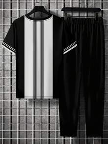 男士条纹印花舒适柔软短袖睡衣套装 - 彩色 - 查看 2