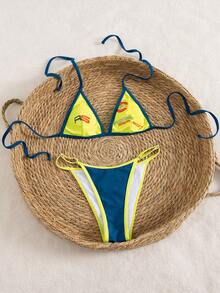 Bộ bikini hai mảnh kiểu dáng châu Âu và Mỹ mới nhất năm 2025 dành cho nữ, gợi cảm, cao cấp, phối màu nổi bật, gồm áo tam giác buộc dây phía trước và quần cạp chun điều chỉnh được, thích hợp cho kỳ nghỉ biển. - Nhiều màu - Xem 5