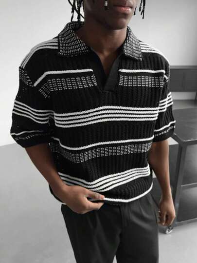 Áo polo nam tay ngắn dệt kim kẻ sọc khoét lỗ, chất liệu thoải mái, thoáng khí, nhẹ, thích hợp mặc hàng ngày và đi nghỉ mát.