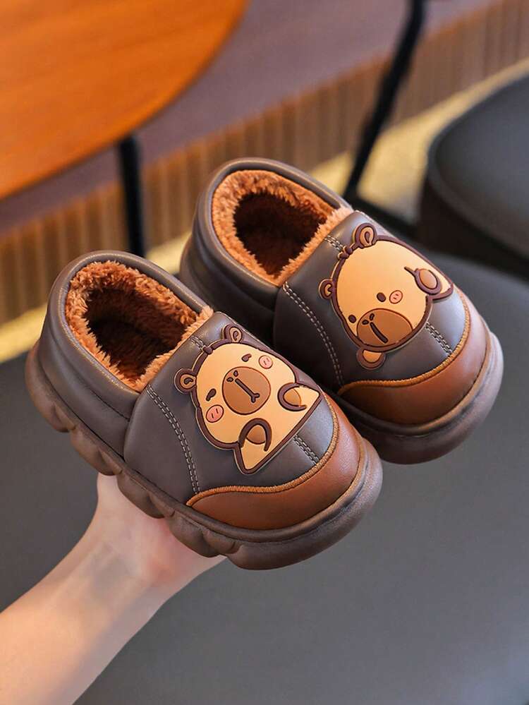1 双 Capa Bala 儿童冬季包趾拖鞋，男童女童保暖防滑卡通毛绒内衬家居鞋 - 棕色 - 查看 4