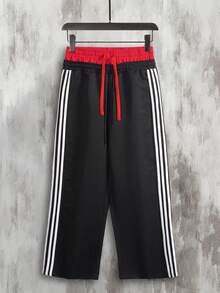 男士抽绳腰侧条纹阔腿宽松休闲时尚运动裤 - 黑色 - 查看 4