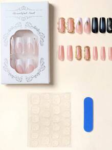 24 件 Y2k 风格指甲中长方形按压指甲白色法式尖头亮面全覆盖假指甲 3D 金属玫瑰和星星假指甲适合女士和女孩 - 包括指甲锉和果冻胶