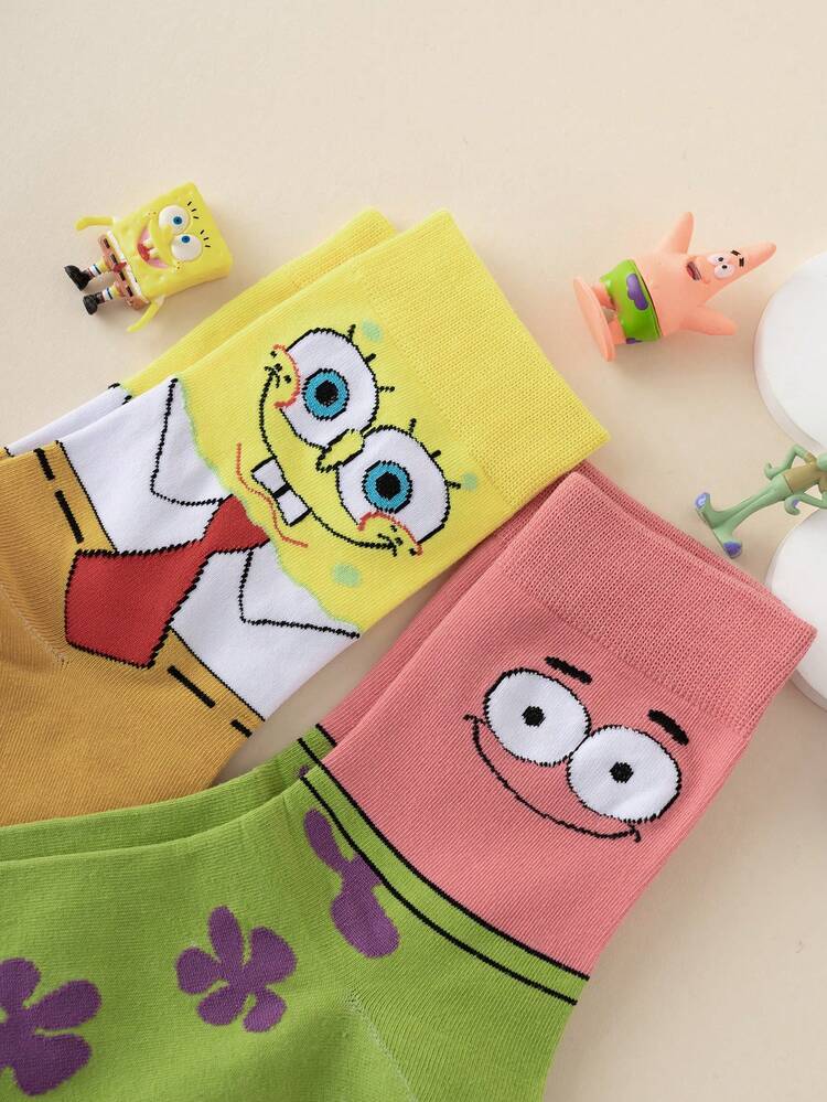 SpongeBob SquarePants 2 Pares de Meias Multicoloridas Interessantes e Personalizadas de Estilo Cartoon Fofo Jacquard Contraste Padrão Spongebob até a Panturrilha para Mulheres, Estilo Esportivo, Todas as Estações, Tamanho Europeu e Americano, Confortável, Respirável, Durável, Cores Ricas, Adequado para Uso Diário, Tecido Premium, Não Sufocante - Multicolorido - Visão 4