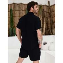 Men's Plain Slim Fit Short Sleeve Beach Holiday Shirt With Button Pocket - Black - View 4