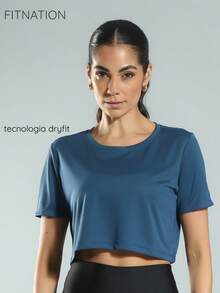 FITNATION Women's Fitness Cropped T-Shirt With DRYFIT Technology And Short Sleeves, Ideal For All Sports. - Màu xanh ngọc - Xem 1