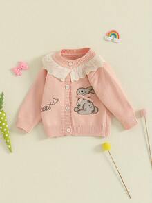 Baby Girl Cardigan, Long Sleeve Button Closure Embroidery Rabbit Winter Warm Knit Sweater Infant Clothes - Pink - View 6