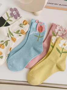 5pairs Floral Pattern Crew Socks - Multicolor - View 2