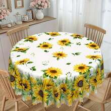 1pc Round & Rectangular Tablecloth - Orange Buffalo Plaid Sunflower & Daisy Floral Pattern, Durable Polyester Woven Fabric, 60x60, 55x70, 60x86 Inch, Spring Summer June Festival Party Picnic Dinner Kitchen Dining Room Indoor Outdoor Decor, Buffalo Plaid Table Decoration, Holiday Dining Table Accessory, Woven Textile
