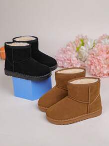 Winter New Kids Boots, Thickened Warm Fleece Snow Boots, Comfortable Warm Solid Color Simple Short Boots, Suitable For 3-12 Years Old Boys And Girls For Winter Outdoor, Daily, Holiday, Travel (Run Small, Suggest Ordering One Size Up)