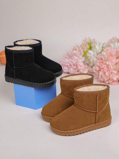 Winter New Kids Boots, Thickened Warm Fleece Snow Boots, Comfortable Warm Solid Color Simple Short Boots, Suitable For 3-12 Years Old Boys And Girls For Winter Outdoor, Daily, Holiday, Travel (Run Small, Suggest Ordering One Size Up)