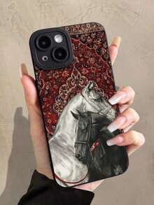 Summer Flower 1Pc Nordic Retro Carpet Queen & Horse Pattern Black Cat Eye Full Coverage Phone Case Compatible With IPhone 11/12/13/14/15/16 Pro Max Waterproof Shockproof Anti-Fall Scratch Resistant,Valentine'S Day Gifts,Valentines Phone Case - 款式1(1件) - 查看 1