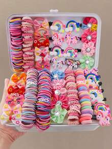 181件套女孩水钻花朵发夹、弹力发圈、发绳、蝴蝶结发带、时尚发饰，适合日常使用，礼品 - 彩色 - 查看 7