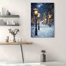 1pc 30*40cm(12*16inch) Framed Winter Wonderland Lamp Post Snow Scene Canvas Wall Art HD Framed Print, Modern Classic Living Room, Bedroom, Office, Kitchen Decor Cozy Holiday Home Gift, Bedroom Decor