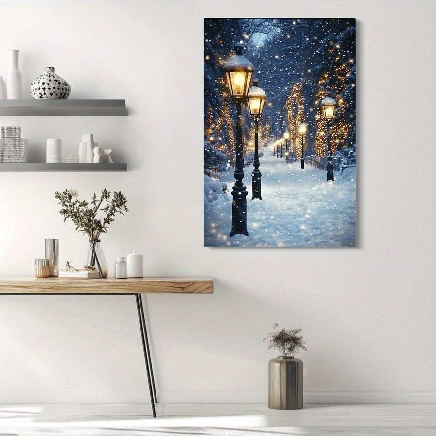 1pc 30*40cm(12*16inch) Framed Winter Wonderland Lamp Post Snow Scene Canvas Wall Art HD Framed Print, Modern Classic Living Room, Bedroom, Office, Kitchen Decor Cozy Holiday Home Gift, Bedroom Decor