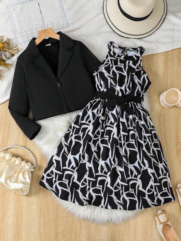 Purechapter Tween Girl Elegant & Intellectual Dress Set, Fashion Marble Print Sleeveless Dress + Belt & Lapel Button Thin Long Sleeve Jacket Shorts, Knee-Length, Fitted, Suitable For Outdoor, Party, Casual Outings, Creative Gift, Autumn