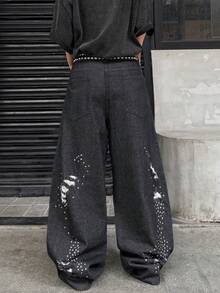 Infinite Jeans 1pc American Vintage Personalized Rhinestone Distressed Ripped Wide Leg Jeans Loose Fit Long Pants For Men (Product Does Not Include Belt And Accessories) - Black - View 2