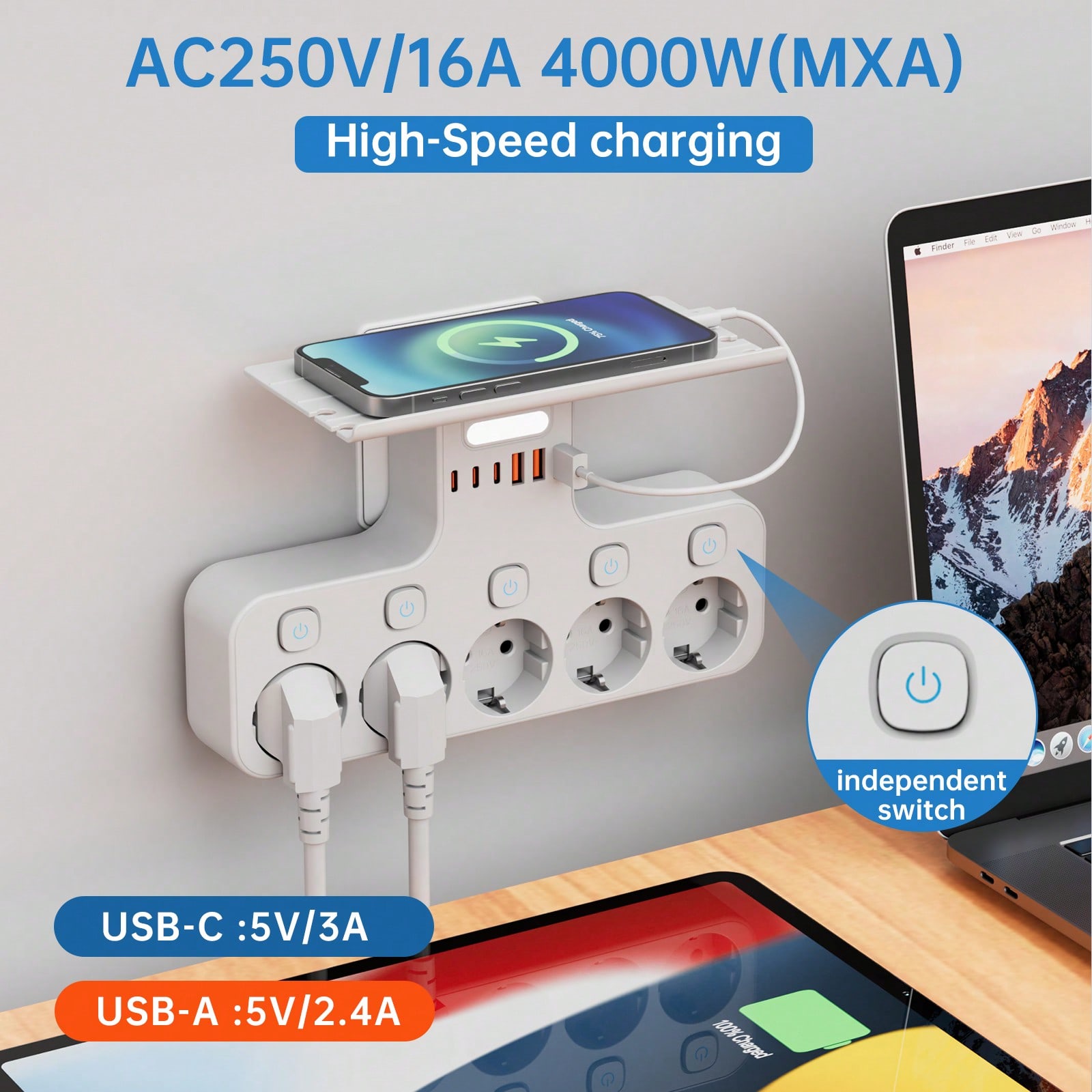 Enchufe europeo estándar de 5 tomas de CA y 6 tomas USB con sensor de luz y luz nocturna inteligente, interruptores de toma de corriente independient
