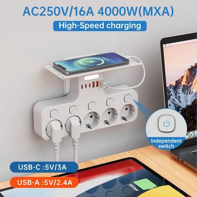 5 prese AC, 6 porte USB, presa elettrica standard europea con sensore di luce e luce notturna intelligente, interruttori di uscita indipendenti con protezione da sovraccarico, adatta per camera da letto, soggiorno, studio, cucina, ecc.