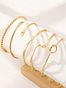 Set de 5 piezas de brazaletes metálicos minimalistas y geométricos asimétricos para mujeres, que incluyen elementos de onda y nudo, adecuados para uso diario, fiesta, cumpleaños, joyería punk callejera, regalo elegante