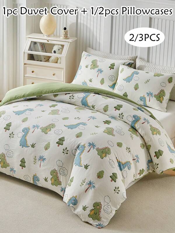 2/3pcs Cartoon Dinosaur Pattern Print Duvet Cover Set, Cute Dino Bedding Set For Kids All Seasons, Soft, Breathable, Machine Washable,(1 Duvet Cover+ 1/2 Pillowcases)