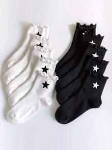 4 Pairs Cute Women's Ruffle Trim Mid-Calf Socks, Star Pattern Sweet Japanese Style, Essential For Daily Wear, Fall Socks - Black and White - View 2