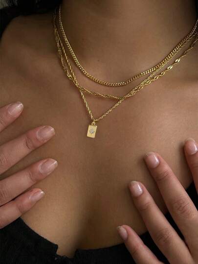 Nooxian 3pcs/Set Braided & Wavy Chain Layered Geometric Rectangle Sunflower Cubic Zirconia Pendant Necklace, Suitable For Women's Daily Wear