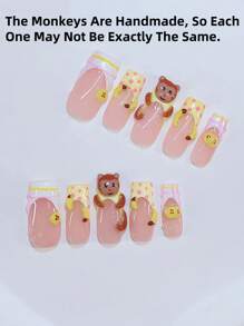 10Pcs Y2K Nails Pipe-Shaped Press On Nails Set - Handcrafted, Yellow Nails, Yellow French Tip Style, Hand Drawn Yellow And Pink Stripe French Style, Handmade 3D Monkey And Handmade 3D Banana Pattern, Hand Drawn Transparent 3D Pattern Design - Suitable For Women And Girls, Party, Wedding Nail Supplies Nails - Multicolor - View 3