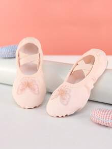 Children's Princess Ballet Shoes, Girls Indoor Soft-Soled Dance Shoes, Butterfly Embroidery Dance Shoes Yoga Shoes, Practice Shoes, Flat Slippers, Comfortable And Durable, Non-Slip - Pink - View 3