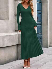 Women Sweater Dress Fall Fashion  Long Sleeve V Neck Ribbed Knit Pleated A Line Elegant Maxi Winter New Years Vacation  Dresses Vestidos Elegantes De Mujer - 墨綠色 - 查看 3