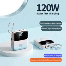 10000mAh Portable Charger Mini Power Bank, 120W Super Fast Charging Portable Mobile Phone Charger With Built-In Cable (USB-C Output Cable), LED Display Mobile Phone Travel Battery Pack, Suitable For IPhone, Suitable For Samsung, Suitable For Android And Other Travel Essentials, Back To School Essentials, Perfect Gift, Fashion Design - White - View 3