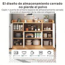 Mueble organizador de cocina moderno minimalista 110cm | Multiusos: almacenaje de utensilios de cocina + bufé de servicio + estante abierto para libros de recetas | Funciona en cocina, pasillo o esquina de comedor | Versátil y adaptado a espacios reducidos - color roble - Ver 6