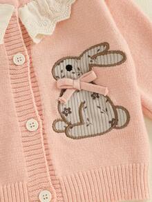 Baby Girl Cardigan, Long Sleeve Button Closure Embroidery Rabbit Winter Warm Knit Sweater Infant Clothes - Pink - View 4