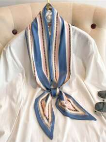 1件 14*145 女士马车印花时尚丝巾头巾，发带，头饰，是装扮您的理想之选。复古精致丝巾，法式优雅浅蓝粉色丝巾，女士装饰围巾，优雅时尚的颈部装饰。