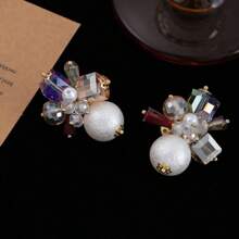 1 对夏季复古彩虹水晶巴洛克珍珠花耳钉，奢华法式优雅耳环 - 彩色 - 查看 1
