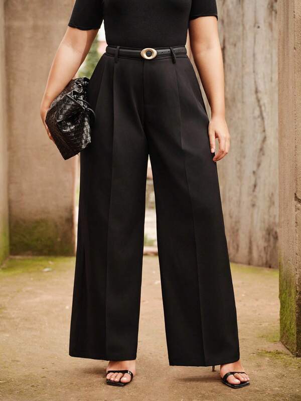 Anewsta Plus Size Modern Elegant Wide Leg Straight Suit Pants, Going Out Graduation,Back To School,Teacher Outfits For Women