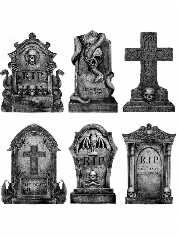 6 buc. decor de cimitir pentru Halloween în aer liber: 6 pancarte mari de curte pentru Halloween cu pietre tombal, cu țăruși, 16 inch, realiste, înfricoșătoare, cu schelet și RIP, potrivite pentru curte, peluză, exterior și petreceri acasă