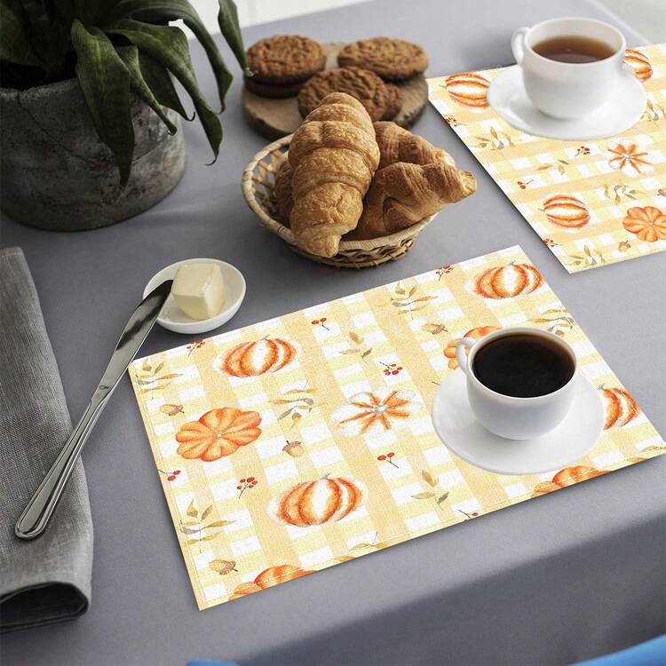 1pc/4pcs/6pcs Pumpkin Pattern Linen Placemats, Thanksgiving Decor, Thanksgiving Gift, Suitable For Dining Table, All Season Decoration, Modern Washable Table Mats, Home Decor, Placemats, Coasters, Kitchen Dining Table Mats, Indoor Outdoor Party Decoration, Home Decor, Ideal Gift - Multicolor - View 1