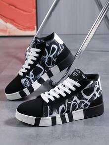 Women's Random Letter & Graffiti Print Rubber Sole High-Top Sneakers, Comfortable Daily Casual Street-Style Couple Sports Shoes - Black and White - View 7