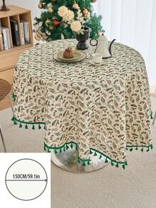 1pc Christmas Round Printed Tablecloth, Gold Foil Green Pine Branch Pattern, Fringed Kitchen Dining Table Decor Cloth For Christmas Holiday Family Gathering Party, Home Decoration - Multicolor - View 14