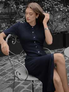 Váy len dệt kim đơn hàng khuy đơn thanh lịch cho nữ, váy midi dáng ôm cổ chữ V đơn giản, trang phục công sở mùa thu - Màu xanh lam - Xem 6